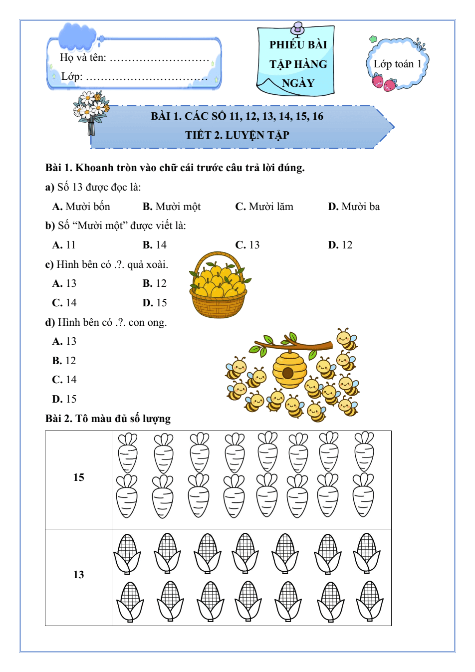 Bài tập hàng ngày Toán lớp 1 Cánh diều Học kì 2 (có lời giải)