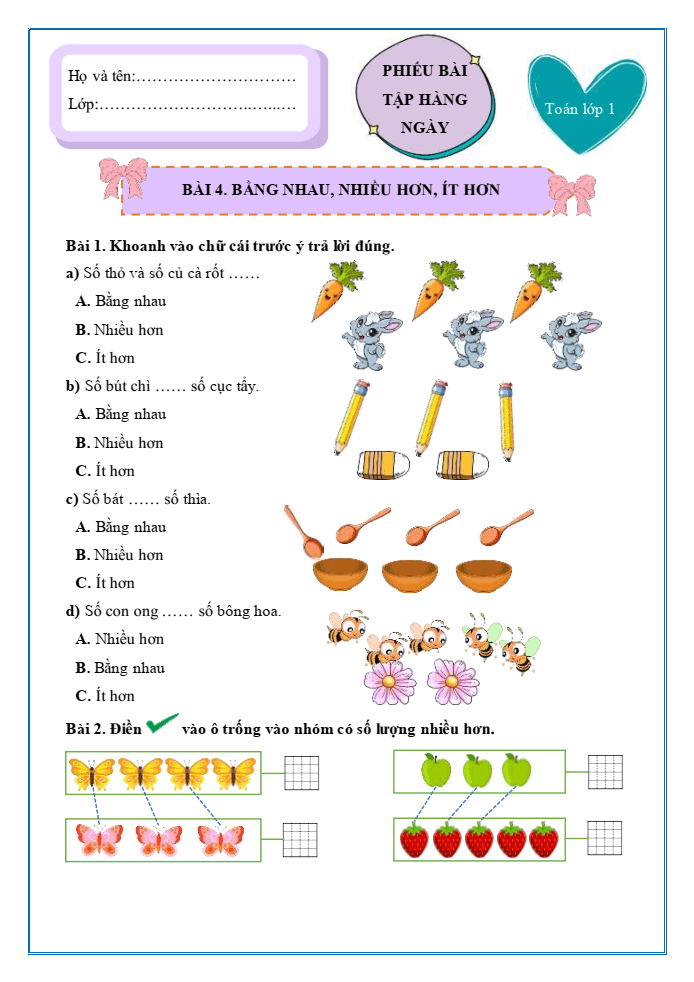 Bài tập hàng ngày Toán lớp 1 Chân trời Bằng nhau, nhiều hơn, ít hơn