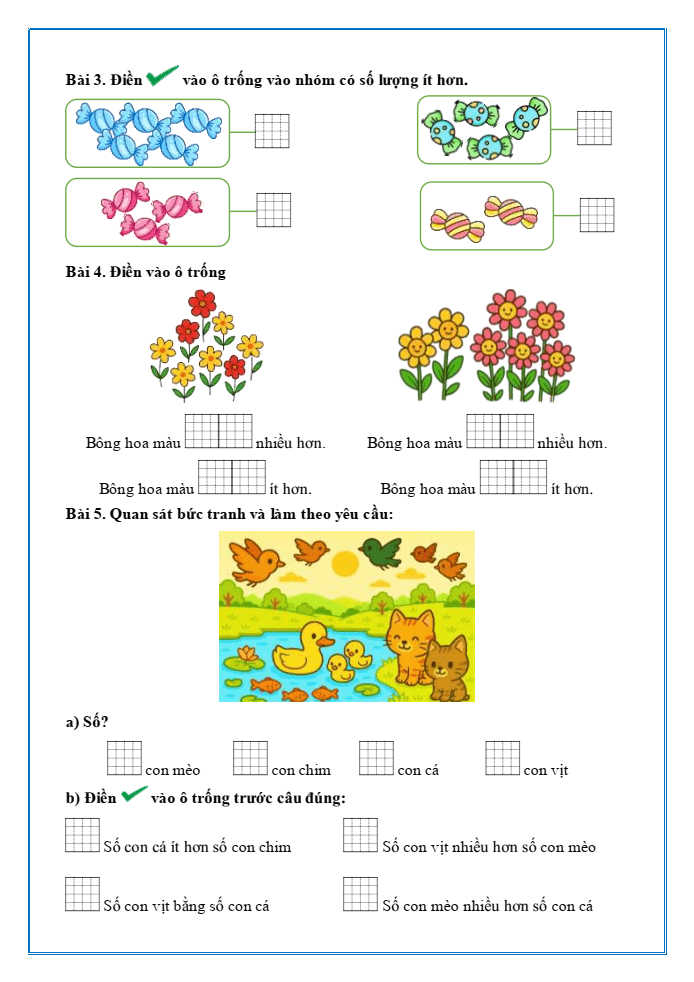 Bài tập hàng ngày Toán lớp 1 Chân trời Bằng nhau, nhiều hơn, ít hơn