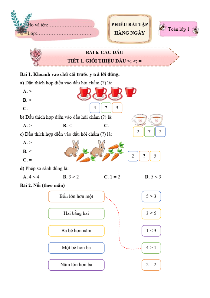 Bài tập hàng ngày Toán lớp 1 Chân trời Các dấu =, >, <