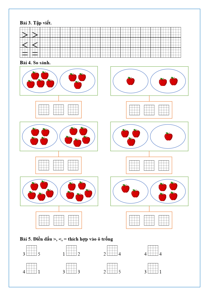 Bài tập hàng ngày Toán lớp 1 Chân trời Các dấu =, >, <