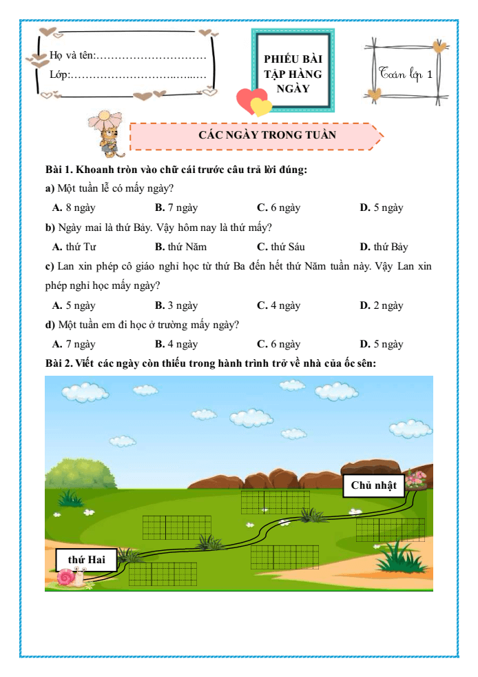 Bài tập hàng ngày Toán lớp 1 Chân trời Các ngày trong tuần