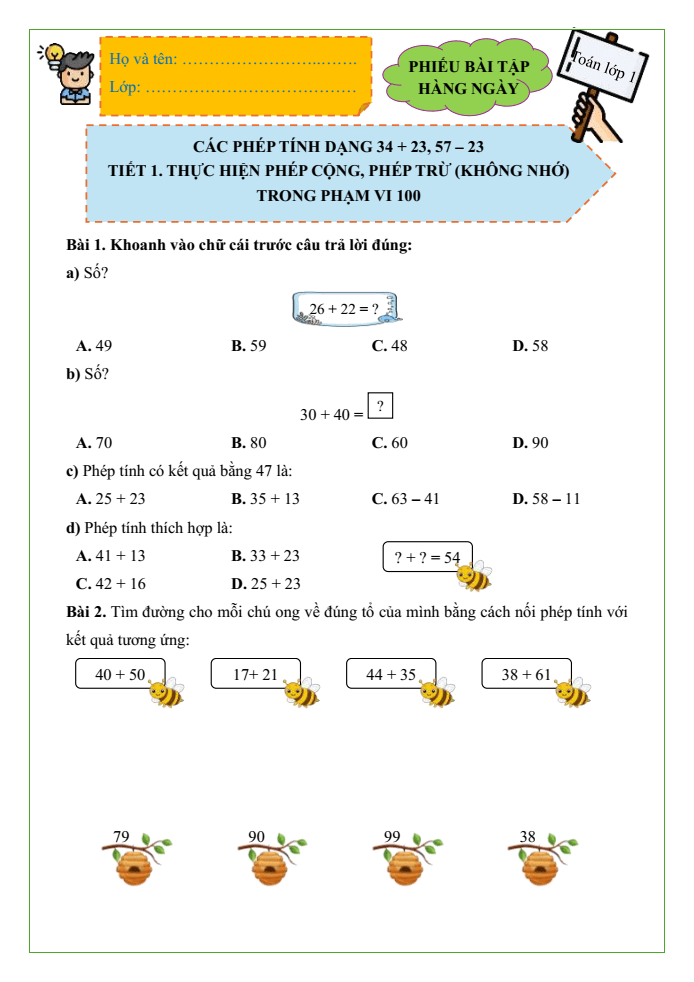 Bài tập hàng ngày Toán lớp 1 Chân trời Các phép tính dạng 34 + 23, 57 - 23
