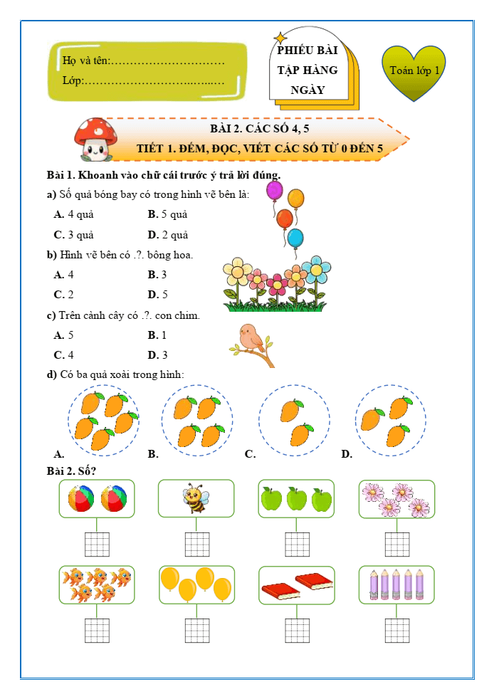 Bài tập hàng ngày Toán lớp 1 Chân trời Các số 4, 5