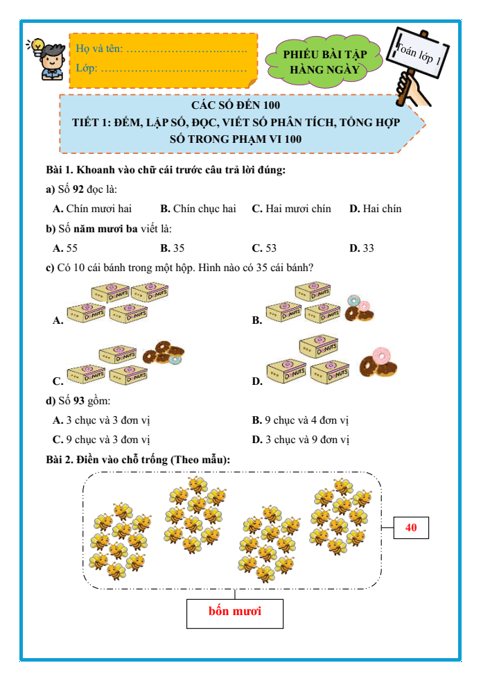 Bài tập hàng ngày Toán lớp 1 Chân trời Các số đến 100