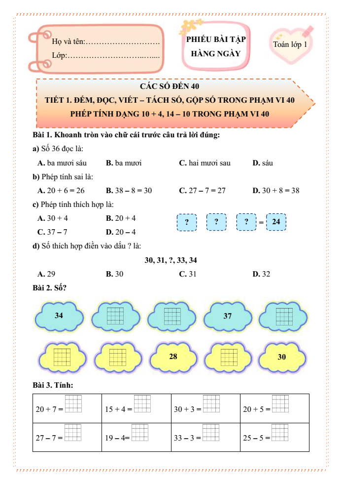 Bài tập hàng ngày Toán lớp 1 Chân trời Các số đến 40