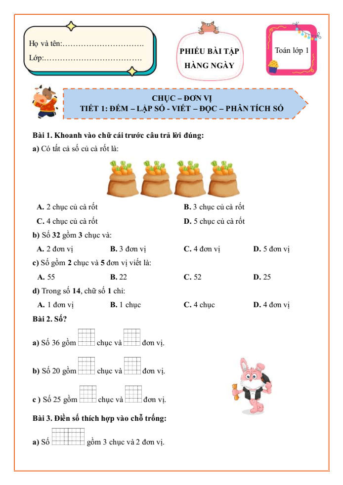 Bài tập hàng ngày Toán lớp 1 Chân trời Chục - Đơn vị