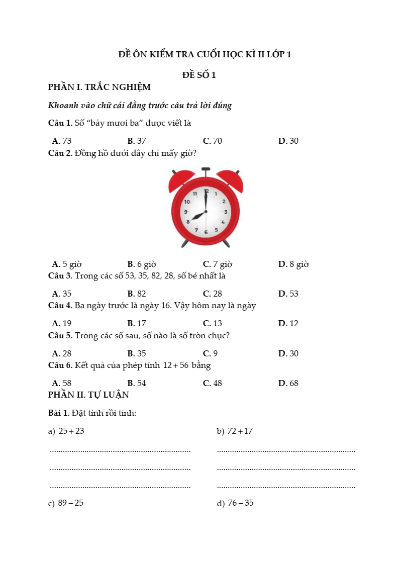 Bộ Đề thi Cuối Học kì 2 Toán lớp 1 Kết nối tri thức năm 2026 tải nhiều nhất
