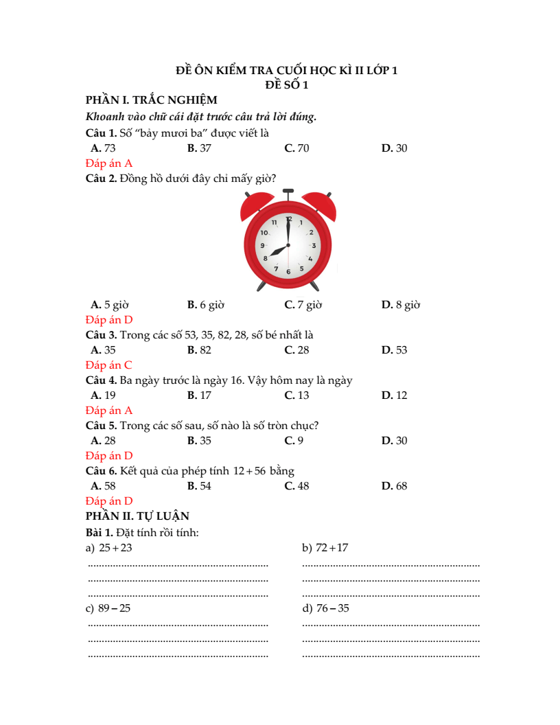 Bộ Đề thi Cuối Học kì 2 Toán lớp 1 Kết nối tri thức năm 2026 tải nhiều nhất
