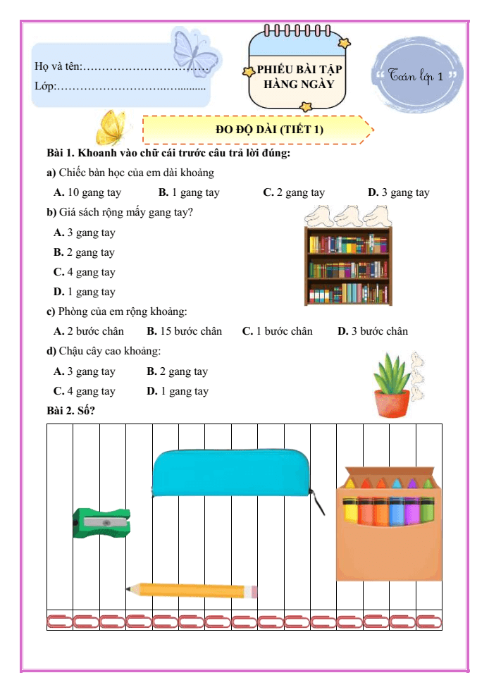 Bài tập hàng ngày Toán lớp 1 Chân trời Đo độ dài