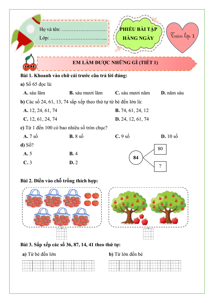 Bài tập hàng ngày Toán lớp 1 Chân trời Em làm được những gì trang 144