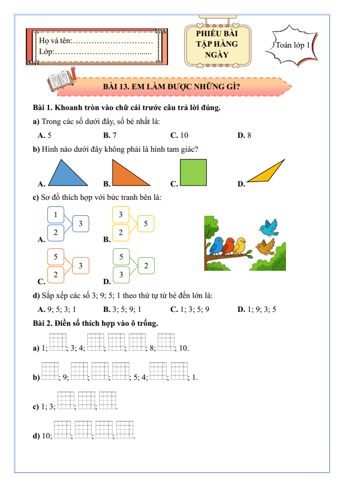 Bài tập hàng ngày Toán lớp 1 Chân trời Em làm được những gì trang 50