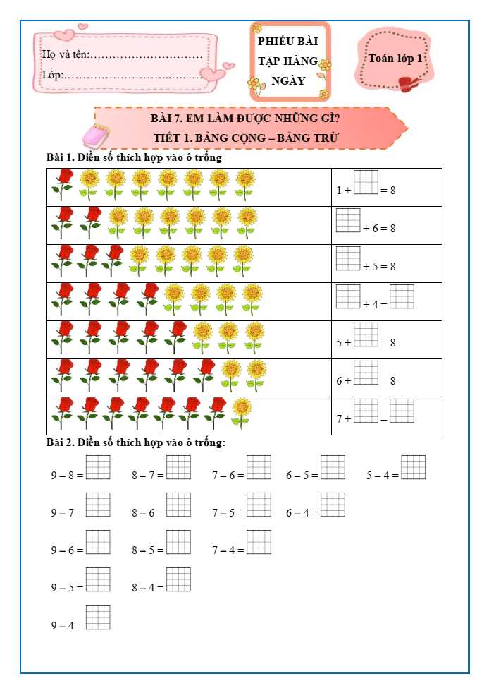 Bài tập hàng ngày Toán lớp 1 Chân trời Em làm được những gì trang 70