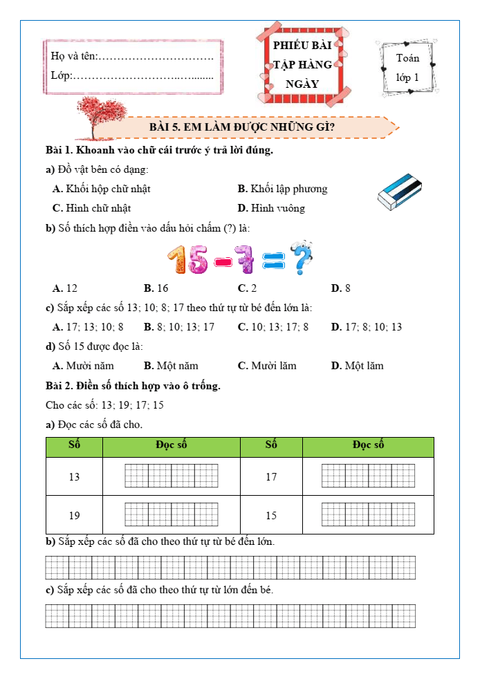Bài tập hàng ngày Toán lớp 1 Chân trời Em làm được những gì trang 96