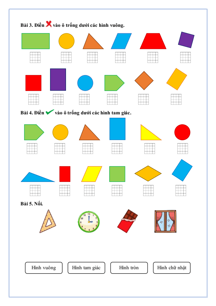 Bài tập hàng ngày Toán lớp 1 Chân trời Hình tròn - Hình tam giác - Hình vuông - Hình chữ nhật