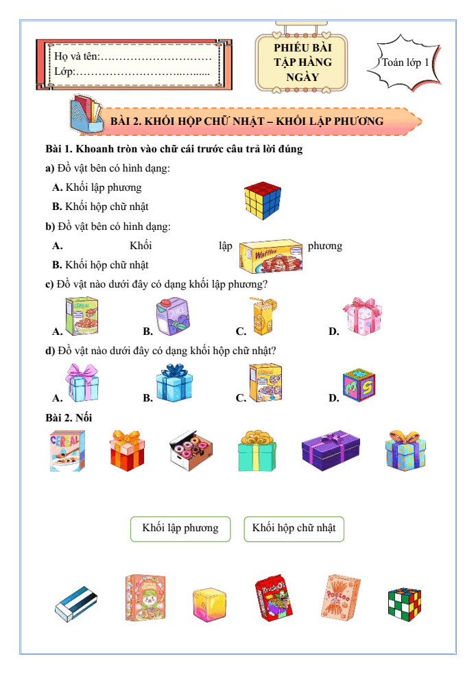 Bài tập hàng ngày Toán lớp 1 Chân trời Khối hộp chữ nhật - Khối lập phương