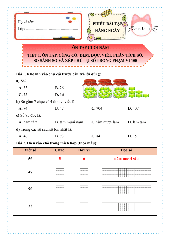 Bài tập hàng ngày Toán lớp 1 Chân trời Ôn tập cuối năm