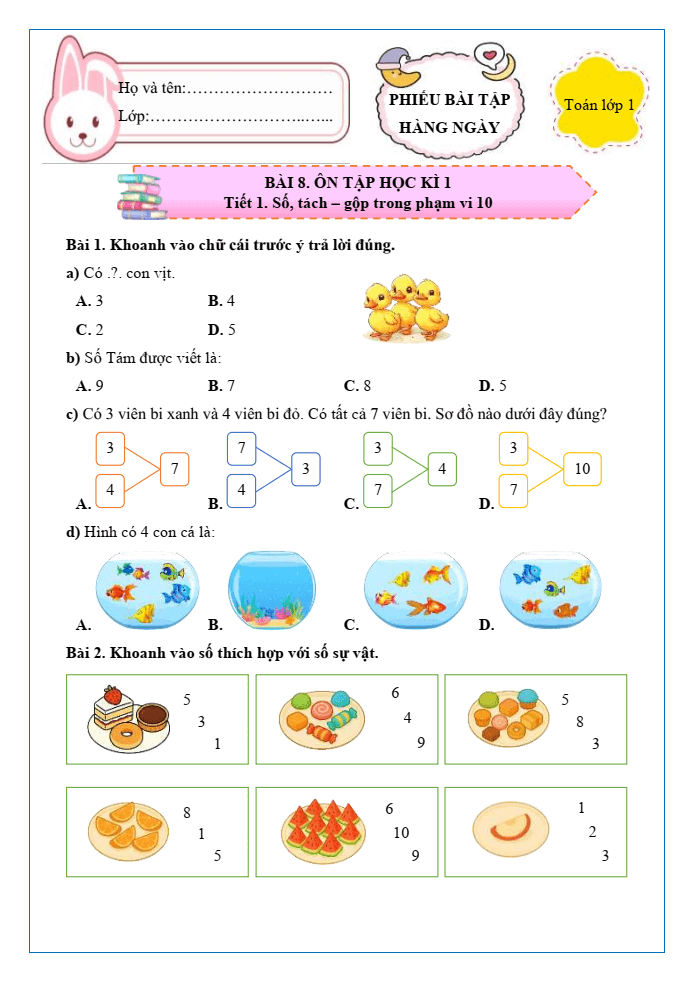Bài tập hàng ngày Toán lớp 1 Chân trời Ôn tập học kì 1