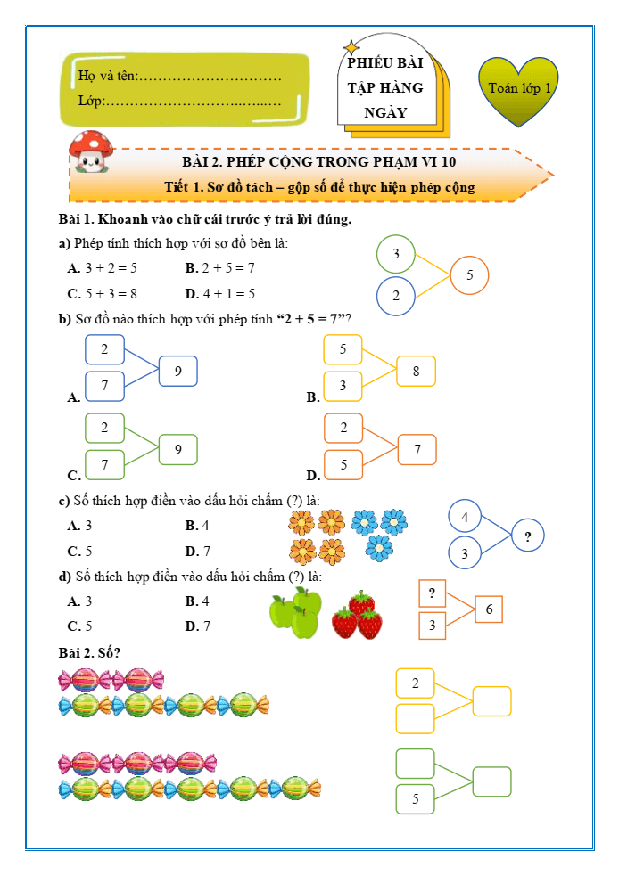 Bài tập hàng ngày Toán lớp 1 Chân trời Phép cộng trong phạm vi 10