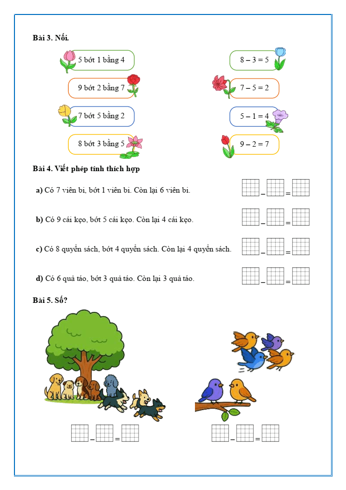 Bài tập hàng ngày Toán lớp 1 Chân trời Phép trừ