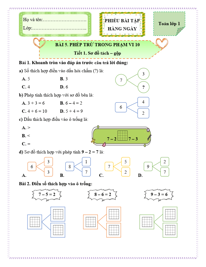 Bài tập hàng ngày Toán lớp 1 Chân trời Phép trừ trong phạm vi 10