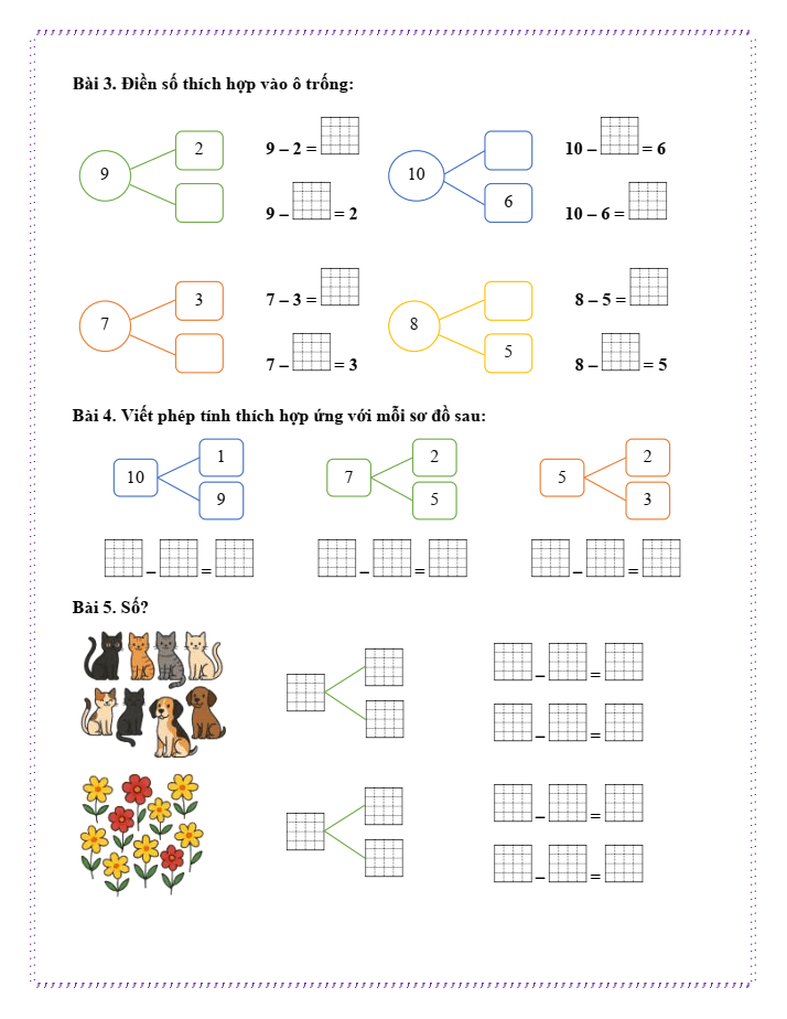 Bài tập hàng ngày Toán lớp 1 Chân trời Phép trừ trong phạm vi 10