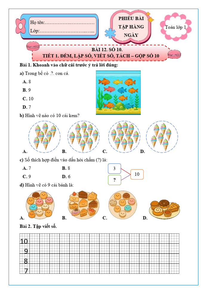 Bài tập hàng ngày Toán lớp 1 Chân trời Số 10