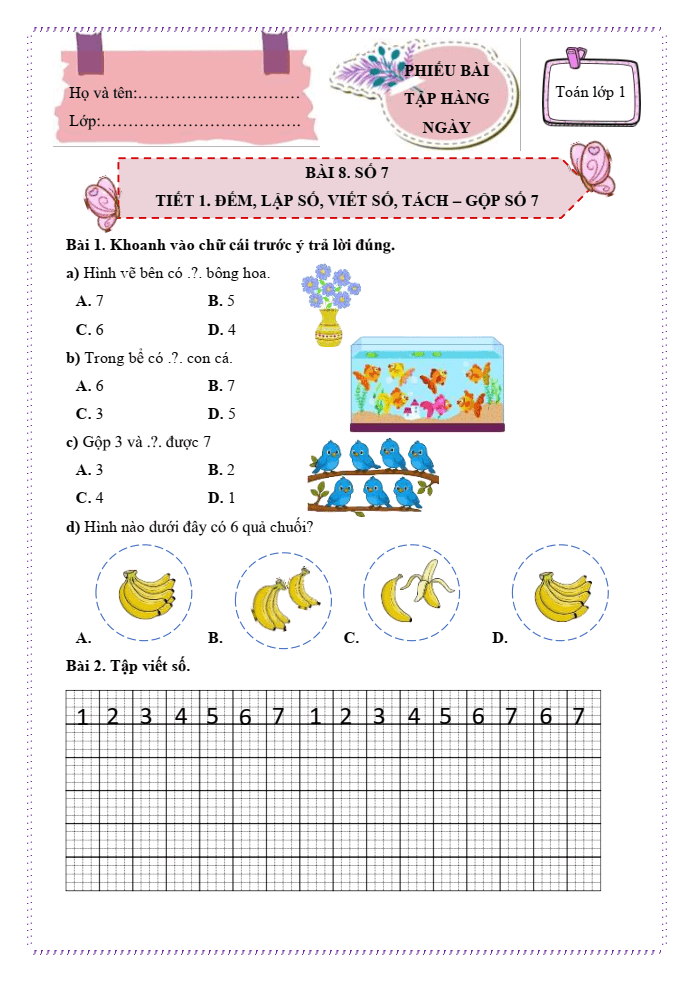 Bài tập hàng ngày Toán lớp 1 Chân trời Số 7