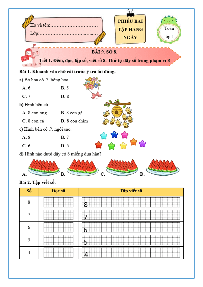 Bài tập hàng ngày Toán lớp 1 Chân trời Số 8