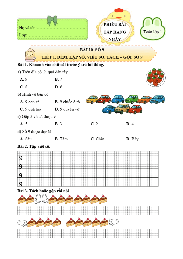 Bài tập hàng ngày Toán lớp 1 Chân trời Số 9