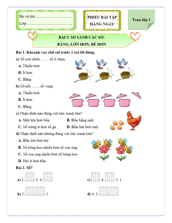 Bài tập hàng ngày Toán lớp 1 Chân trời So sánh các số: bằng, lớn hơn, bé hơn