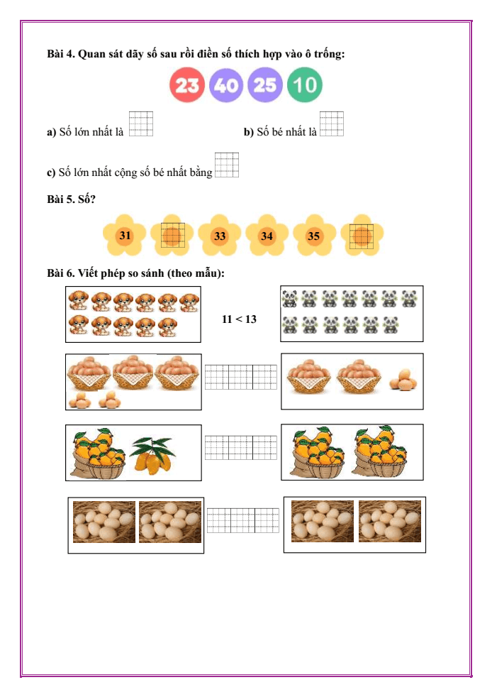 Bài tập hàng ngày Toán lớp 1 Chân trời So sánh các số