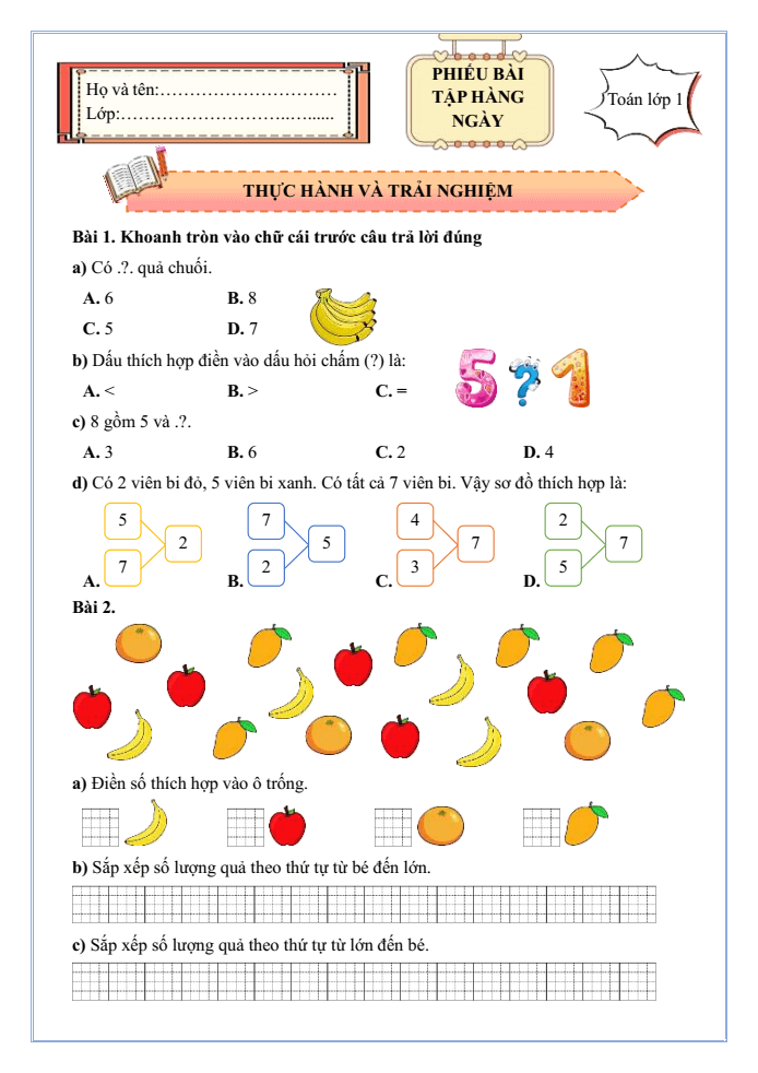 Bài tập hàng ngày Toán lớp 1 Chân trời Thực hành và trải nghiệm: Sông nước miền Tây