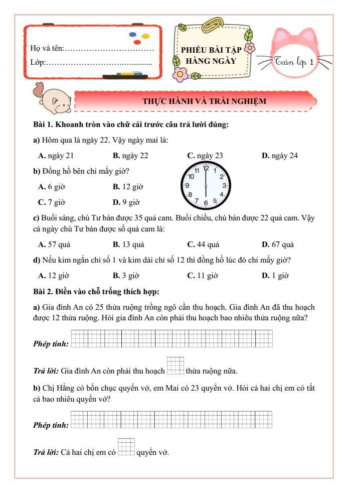 Bài tập hàng ngày Toán lớp 1 Chân trời Thực hành và trải nghiệm: Em và các bạn