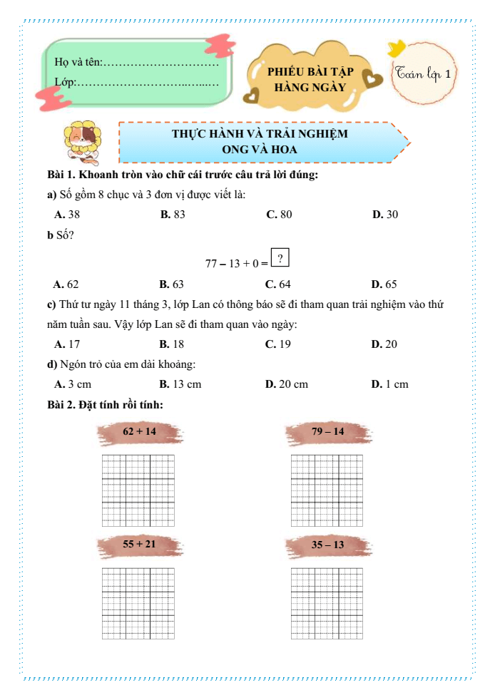 Bài tập hàng ngày Toán lớp 1 Chân trời Thực hành và trải nghiệm: Ong và hoa