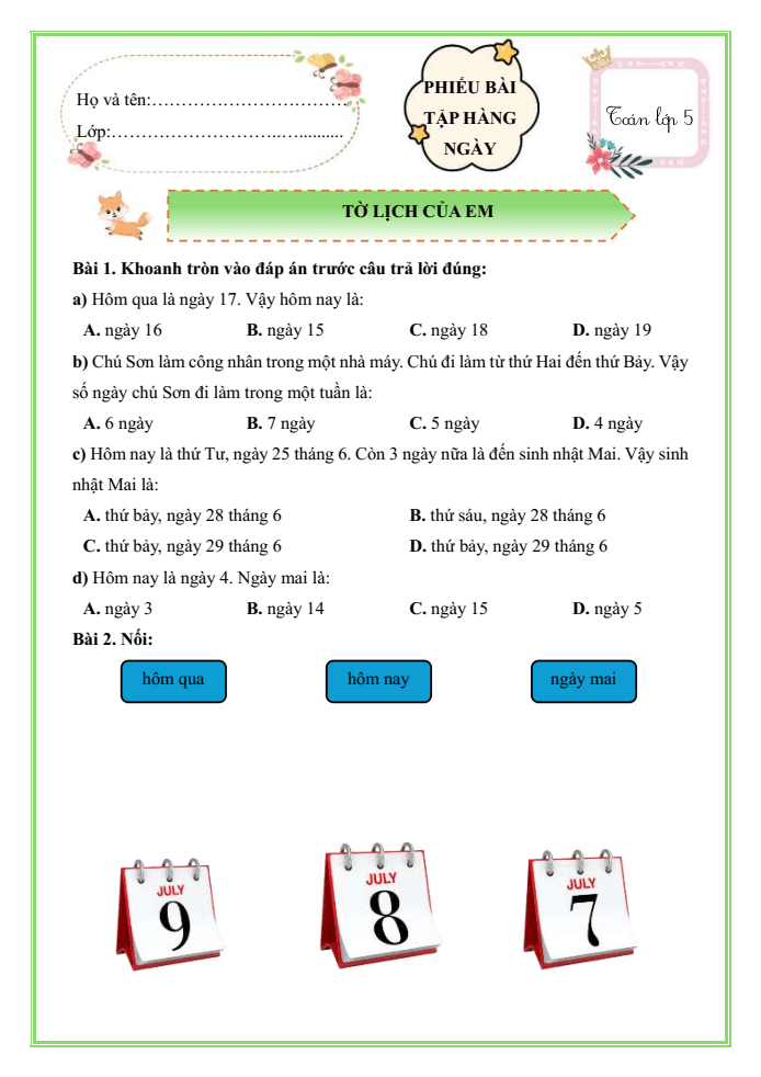 Bài tập hàng ngày Toán lớp 1 Chân trời Tờ lịch của em
