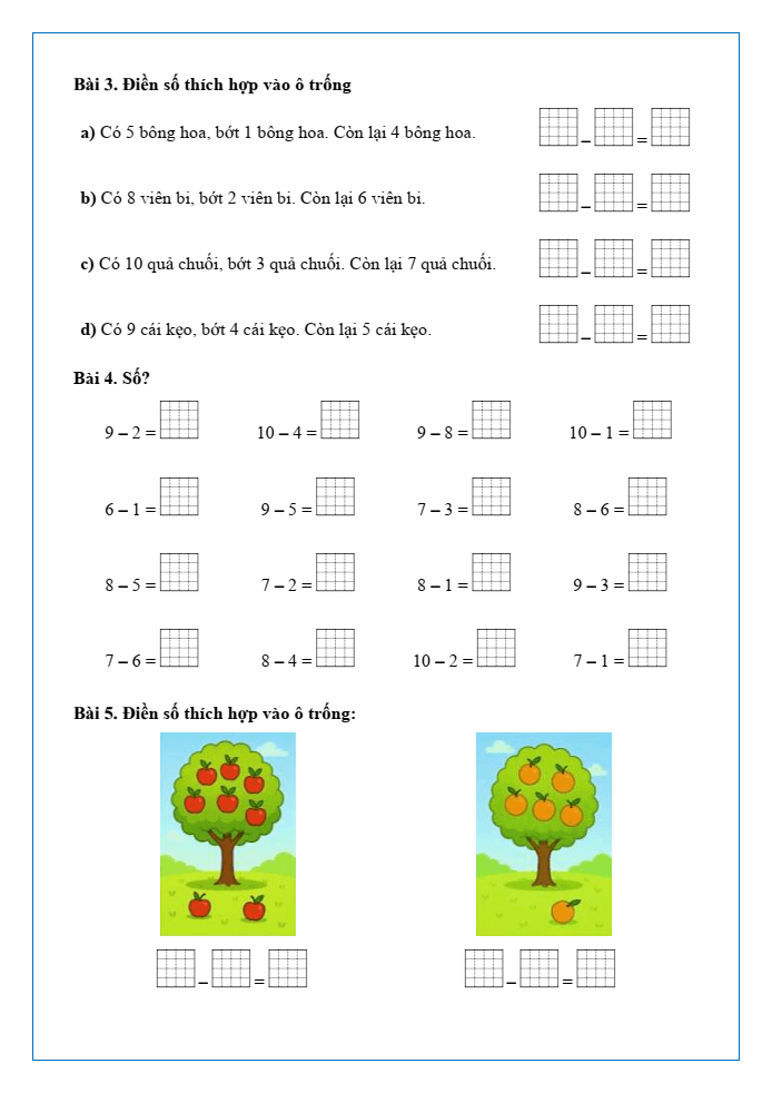 Bài tập hàng ngày Toán lớp 1 Chân trời Trừ bằng cách đếm bớt