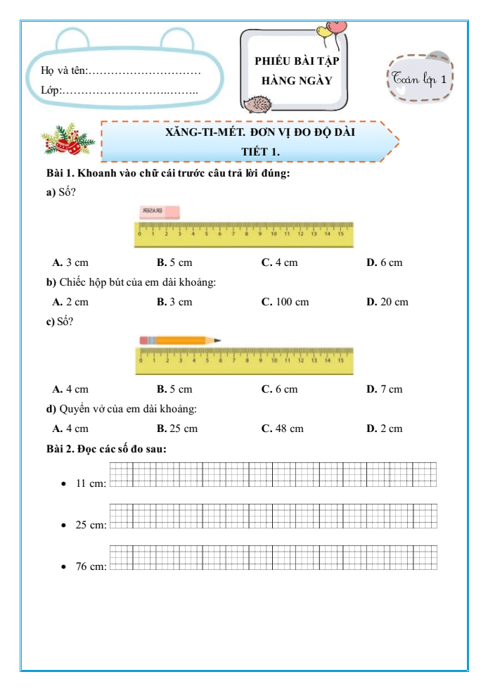 Bài tập hàng ngày Toán lớp 1 Chân trời Xăng-ti-mét. Đơn vị đo độ dài