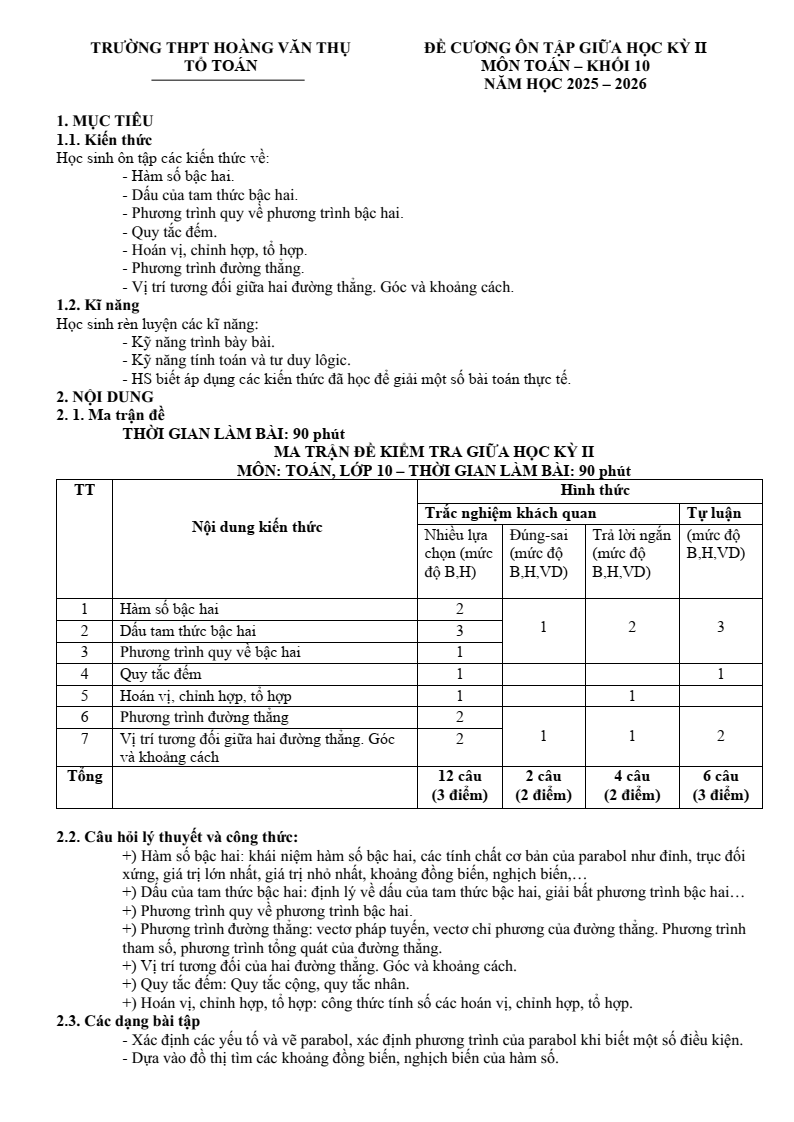 Đề cương ôn tập Giữa kì 2 Toán 10 trường THPT Hoàng Văn Thụ (Hà Nội) năm 2025-2026