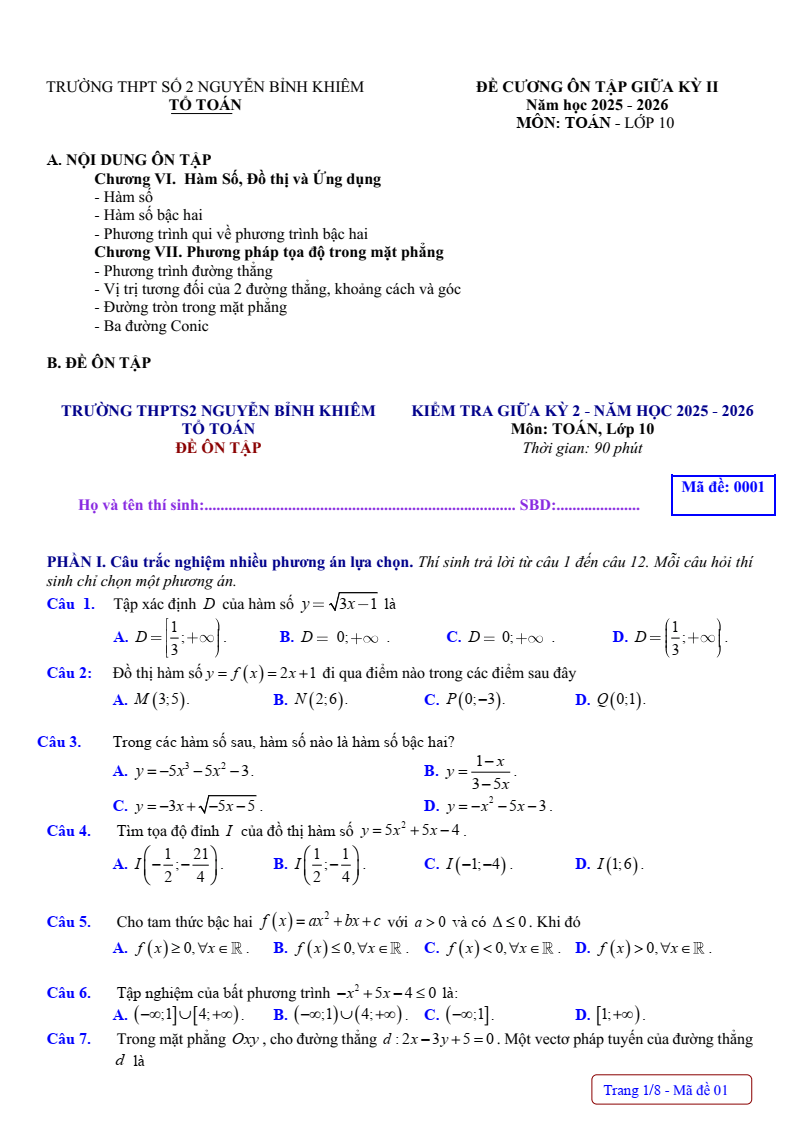 Đề cương ôn tập Giữa kì 2 Toán 10 trường THPT Số 2 Nguyễn Bỉnh Khiêm (Gia Lai) năm 2025-2026