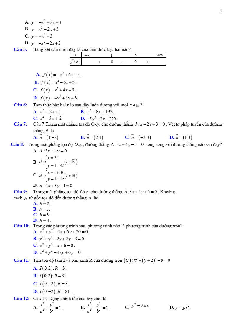Đề cương ôn tập Giữa kì 2 Toán 10 trường THPT Số 2 Nguyễn Bỉnh Khiêm (Gia Lai) năm 2025-2026