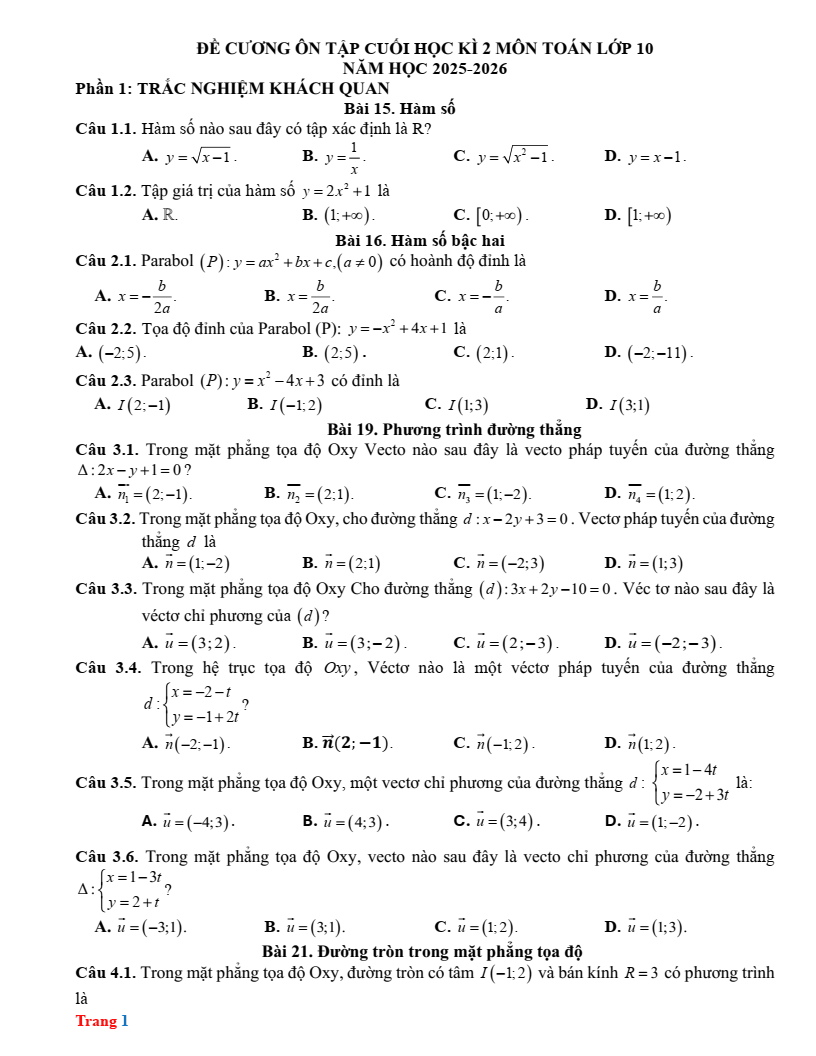 Đề cương ôn tập Học kì 2 Toán 10 trường THPT Quế Sơn (Đà Nẵng) năm 2025-2026