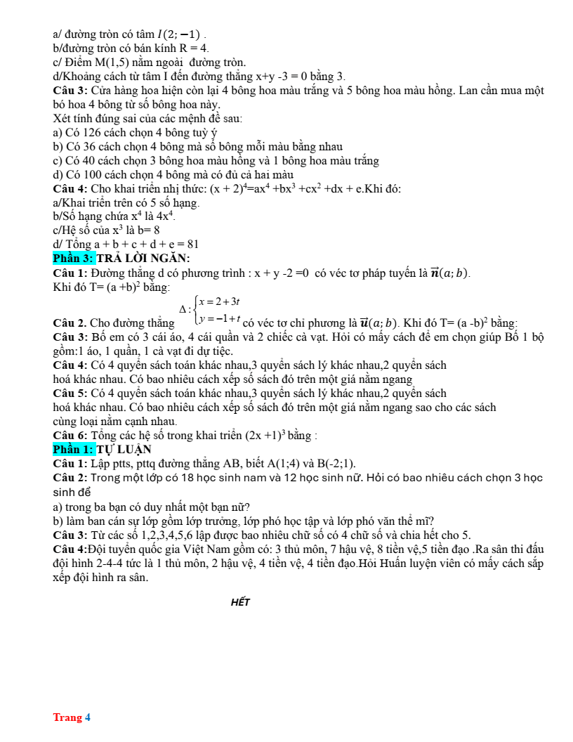 Đề cương ôn tập Học kì 2 Toán 10 trường THPT Quế Sơn (Đà Nẵng) năm 2025-2026