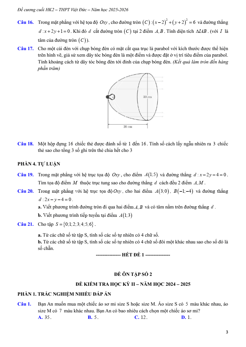 Đề cương ôn tập Học kì 2 Toán 10 trường THPT Việt Đức (Hà Nội) năm 2025-2026
