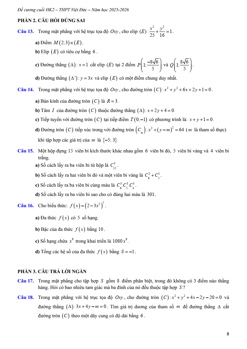 Đề cương ôn tập Học kì 2 Toán 10 trường THPT Việt Đức (Hà Nội) năm 2025-2026