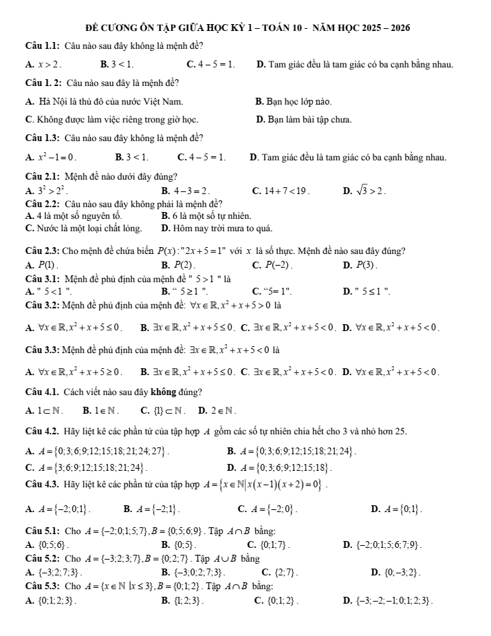 Đề cương ôn tập Giữa kì 1 Toán 10 trường THPT Đức Trọng năm 2025-2026