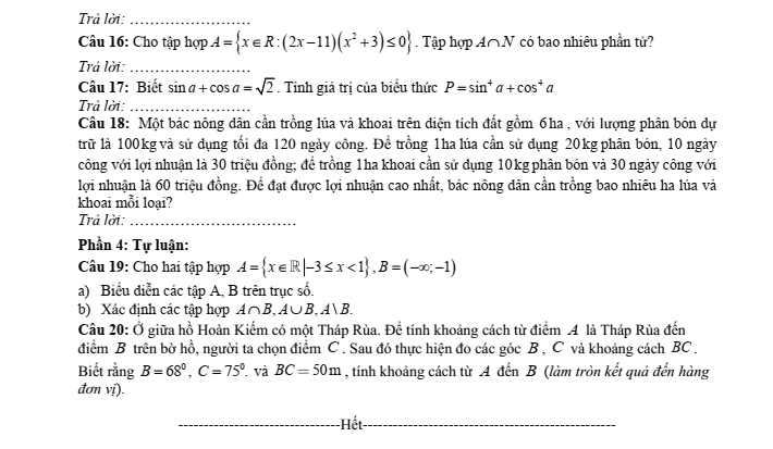 Đề cương ôn tập Giữa kì 1 Toán 10 trường THPT Hoàng Văn Thụ năm 2025-2026