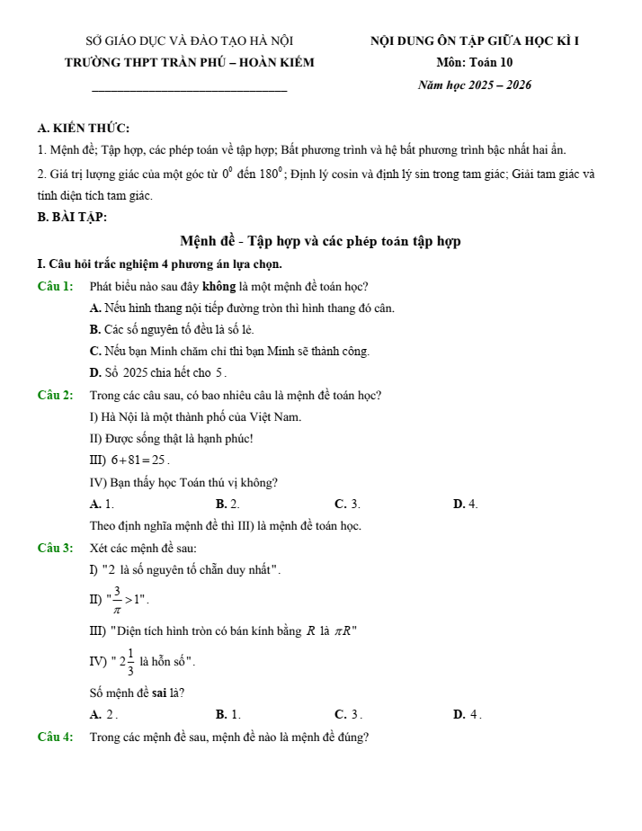 Đề cương ôn tập Giữa kì 1 Toán 10 trường THPT Trần Phú – Hoàn Kiếm năm 2025-2026