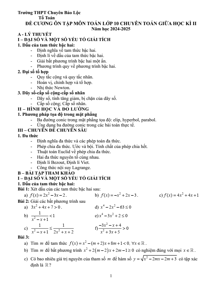 Đề cương ôn tập Giữa kì 2 Toán 10 trường THPT Chuyên Bảo Lộc năm 2024-2025