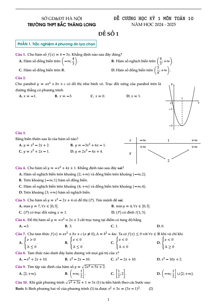 Đề cương ôn tập Học kì 1 Toán 10 trường THPT Bắc Thăng Long năm 2024-2025